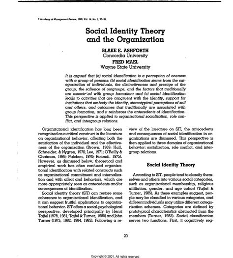 Pdf Social Identity Theory And The Organization