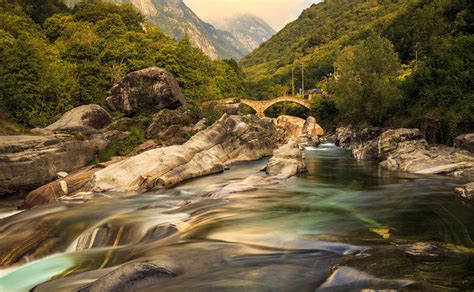 Switzerland Mountains Rivers Forests Bridges Stones Verzasca