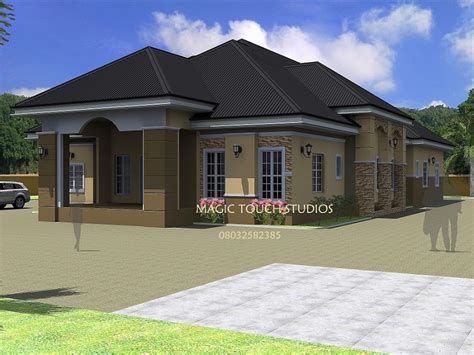 Ranch house plans display minimal exterior detailing, but key features include wide picture windows, narrow supports for porches or overhangs, and decorative shutters. 4 Bedroom Bungalow House Simple 4 Bedroom House Models ...
