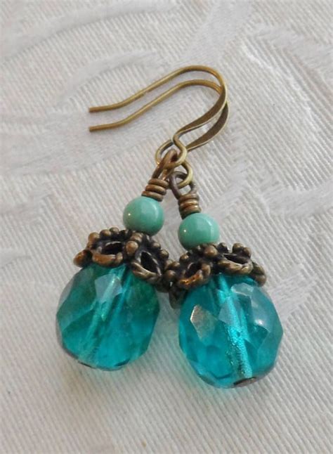 50 Off Turquoise Bead Teal Czech Glass Earrings Antique Jewlery