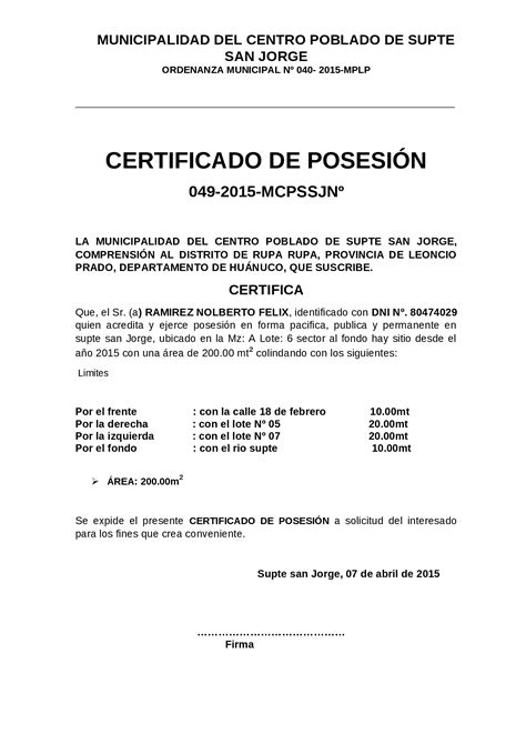 Docx Modelo Certificado De Posesión Dokumentips