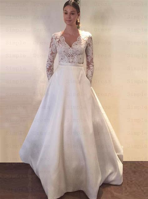 Long sleeve a line dress with pockets. A-Line Scalloped-Edge Long Sleeves Satin Wedding Dress ...