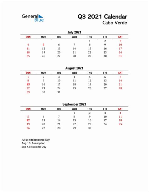 Q3 2021 Quarterly Calendar With Cabo Verde Holidays