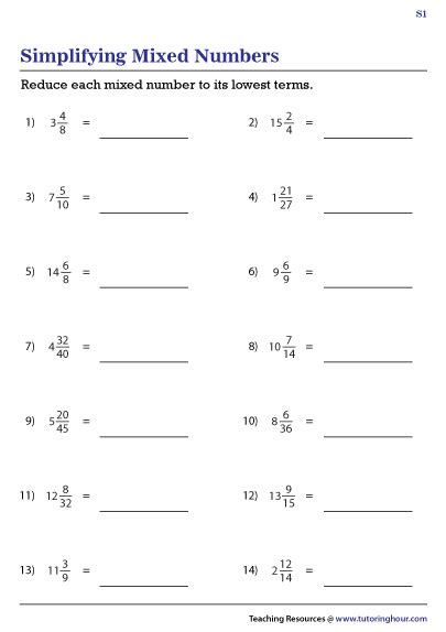 Mixed Numbers Simplest Form Worksheets