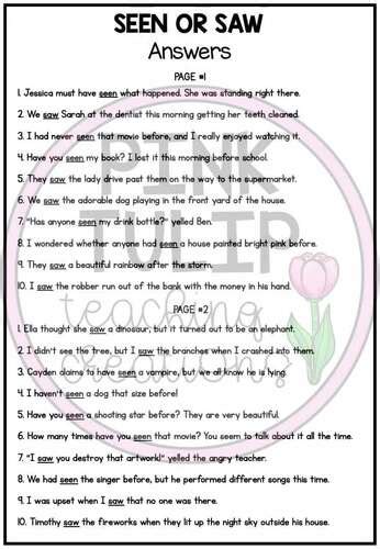 Seen Or Saw Grammar Worksheets By Pink Tulip Teaching Creations Tpt