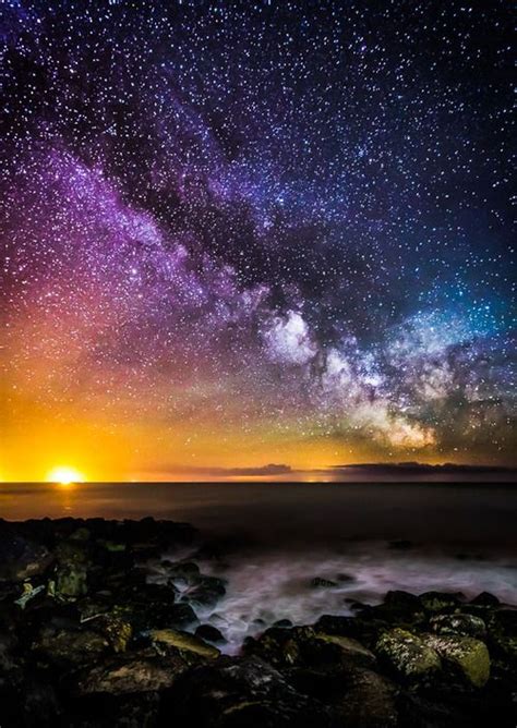 Starry Sky Colorful Clouds Sun Ocean Water Stars Night