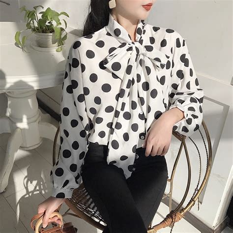 black white classic polka dot blouse bow tie puff sleeve shirt women top chemise femme chemisier