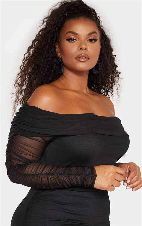 Plus Black Ruched Bardot Mesh Midi Dress Curvy Girl Fashion Beautiful Black Women Black