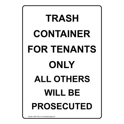 Portrait Trash Container For Tenants Only Sign Nhep 14521 Recycling Trash
