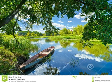 Spring Summer Landscape Blue Sky Clouds River Boat Green