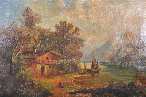 Antique 19th Century Swiss Oil On Canvas Landscape Scene Circa 1850