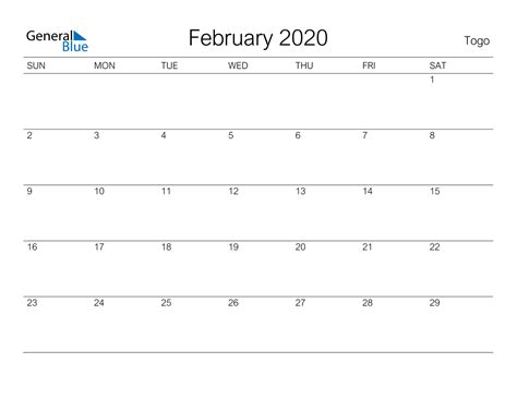 February 2020 Calendar Togo