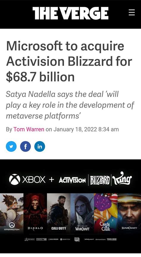 Microsoft To Acquire Activision Blizzard For 687 Billion In 2022