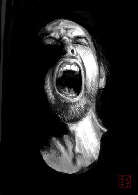 A Drawing Of A Man With His Mouth Wide Open In The Dark Screaming At