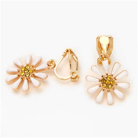 Gold 1 Daisy Clip On Drop Earrings White Claire S Us