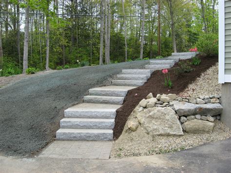 Brick Walkway Granite Steps New Lawn And Natural Retaining Wall