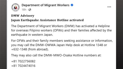 Dmw Nagbukas Ng Helpline Para Sa Mga Ofw Sa Western Japan Matapos Ang