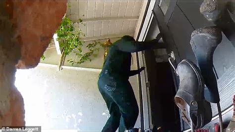 shocking moment masked burglars kicked in the front door of a california home while owner was