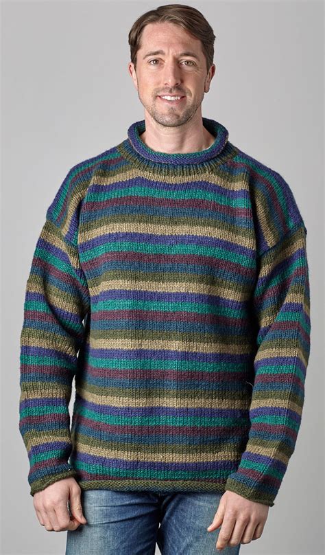 Pure wool - hand knit jumper - stripe - Greens/blues | Black Yak