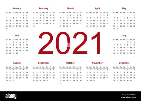 Calendar 2021 Year Vector Week Starts Sunday Statione