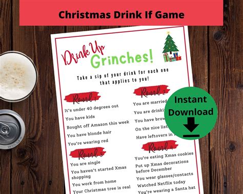 Christmas Drink If Drinking Party Game Drink Up Grinches Printable Game