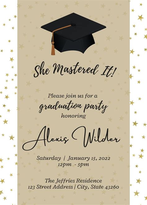 A Graduation Party Flyer With A Mortar Cap On The Front And Stars In