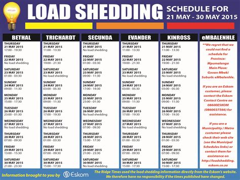April 16, 2020 , by staff reporter. Load shedding schedule 21 May - 30 May - Ridge Times
