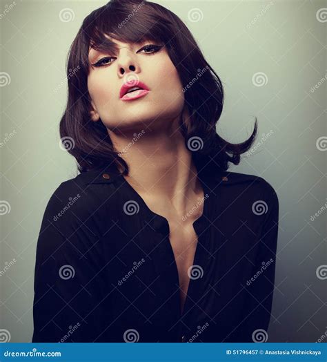 sexual woman with short black hair style vintage closeup stock image image of lipstick