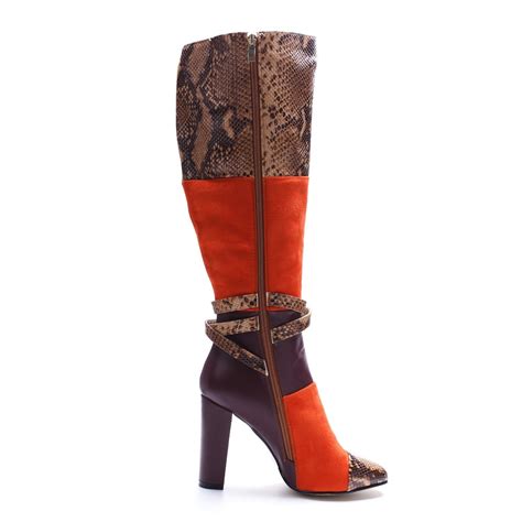 Wood Heel Knee High Boots Snakeskin Boots For Women Sex Rubber Boots