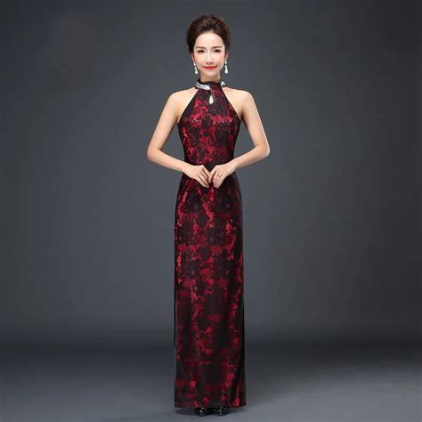 sexy backless cheongsam traditional chinese dress long lace halter qipao nightgown ktv bar work
