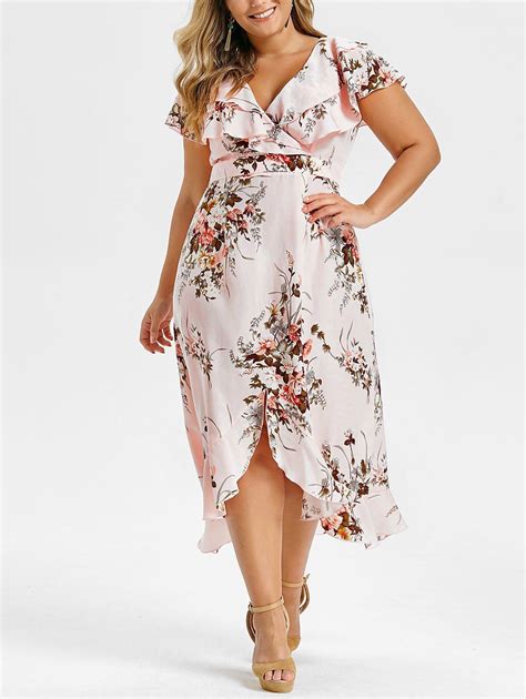 43 Off 2019 Plus Size V Neck Floral Print Ruffle Long Dress In Pink Dresslily