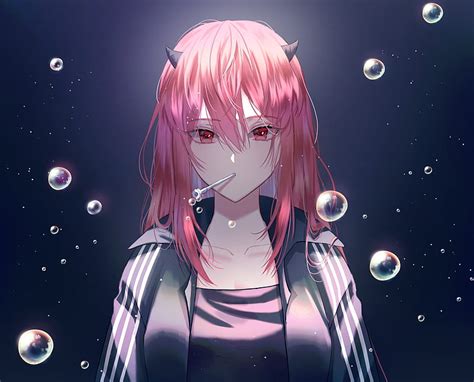 Pink Hair Anime Girl Horns Bubbles Jacket Anime Hd Wallpaper Peakpx