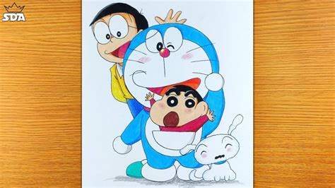 How To Draw Doraemon Nobita Shinchan And Shiro Together Step By Step