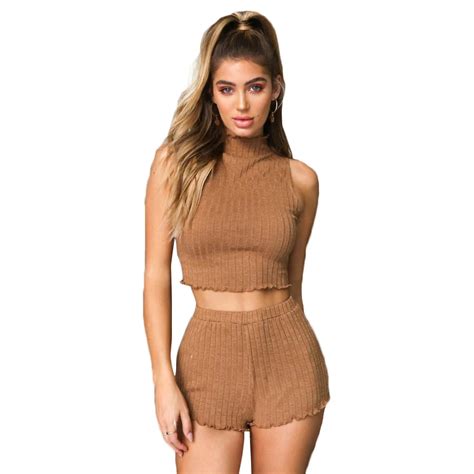Women Sleeveless Crop Top 2 Piece Set Turtleneck Sexy Top And Shorts Suits Casual Clubwear 2pcs