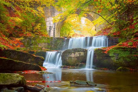 Autumn Natural Landscape River Waterfall In Colorful Autumn Forest