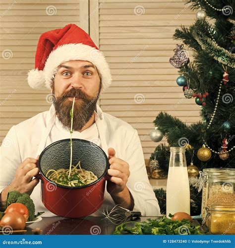 Chef Man In Santa Claus Hat Cooking Stock Photo Image Of Cooking