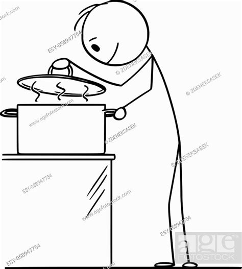 vector cartoon stick figure drawing conceptual illustration of hungry curious man or cook
