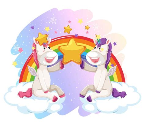 Two Unicorns Sitting On Clouds With Rainbow Stock Vector Illustration