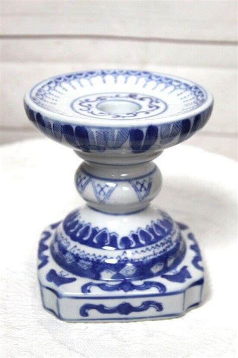 Asian Porcelain Blue And White Candlestick Pillar Holder Pedestal 5 14