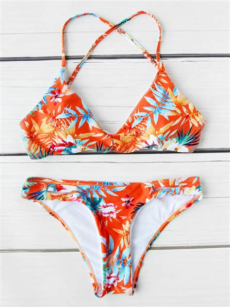Calico Print Cross Strap Bikini Set Shein Sheinside