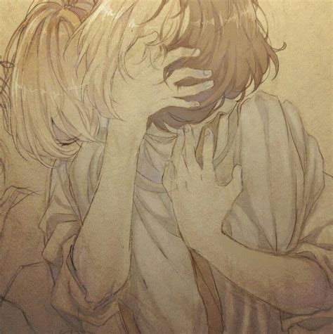 A Drawing Of Two People With Their Hands To Their Face One Holding The