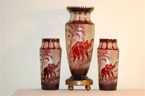 Moser Bohemian Cameo Glass 3 Piece Elephant Animor Vase Set C1920