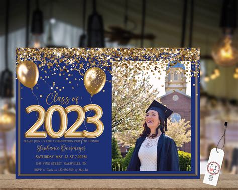 Class Of 2023 Blue Gold Photo Graduation Invitation Printable Template
