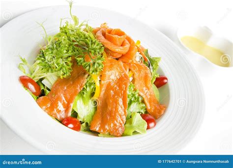 Luxury Delicious Smoked Salmon Salad Serve With Cream Salad Sauce Stock