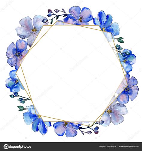 Watercolor Blue Flax Flowers Floral Botanical Flower Frame Border