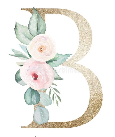 Light Golden Letter B With Watercolor Roses And Leaves Pastel Floral