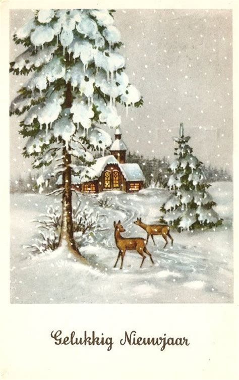 Vintage Dutch Christmas Postcard Cute Deer And Church Snow