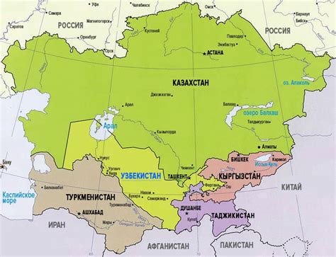 Центральная Азия на карте политическая и физическая крупным планом