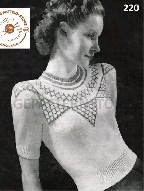 Womens 40s Vintage 3 Ply Round Neck Fair Isle Yoked Box Shoulder Short Sleeve Raglan Sweater Pdf