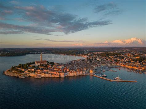 Sunset Aerial Panorama Of Old Town Rovinj Famous Ancient Croatian City